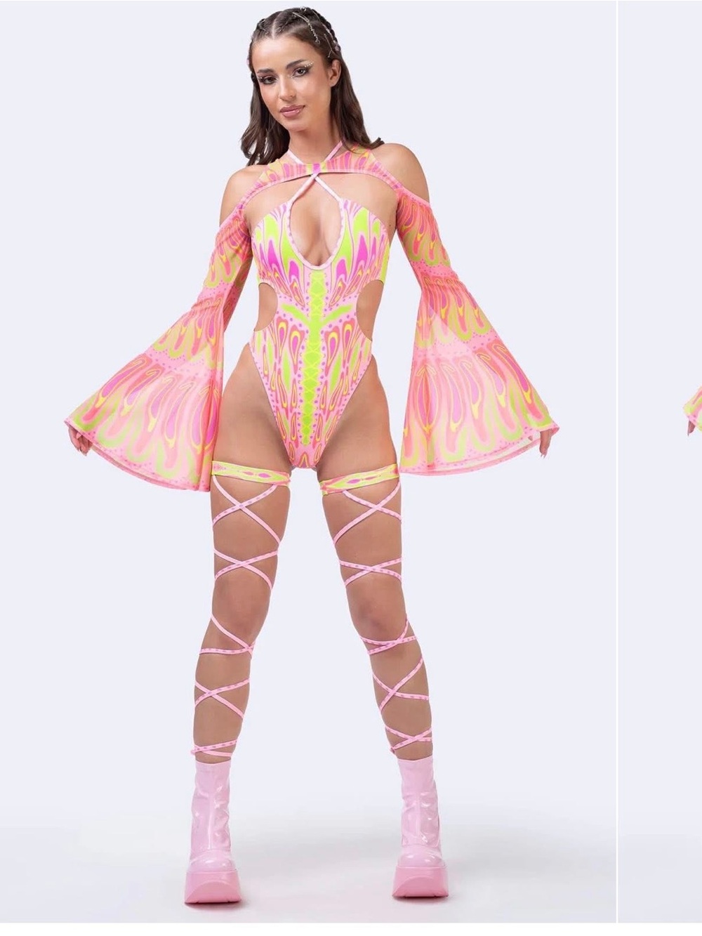 Neon Pink & Yellow Cutout Butterfly Bell-Sleeve Bodysuit